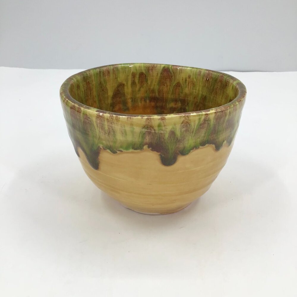 Vintage Glazed Bowl Handmade Studio Art Decor Yellow Green Glazed Artist Signed